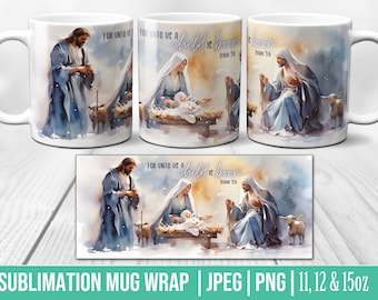 Involucro della tazza della scena della Natività, modelli di sublimazione della tazza da caffè religiosa, acquerello 11,12,15 Oz Involucro della tazza, PNG della tazza, Regalo cristiano, Gesù bambino