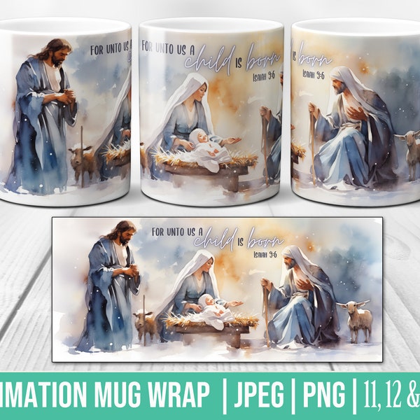 Emballage de tasse de crèche, modèles de sublimation de tasse à café religieuse, aquarelle 11,12,15 oz, emballage de tasse, tasse PNG, cadeau chrétien, bébé Jésus