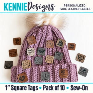 Custom Personalized faux leather labels – Square 1 inch Tags for Knitting and crochet, made by tag, your logo, handmade by