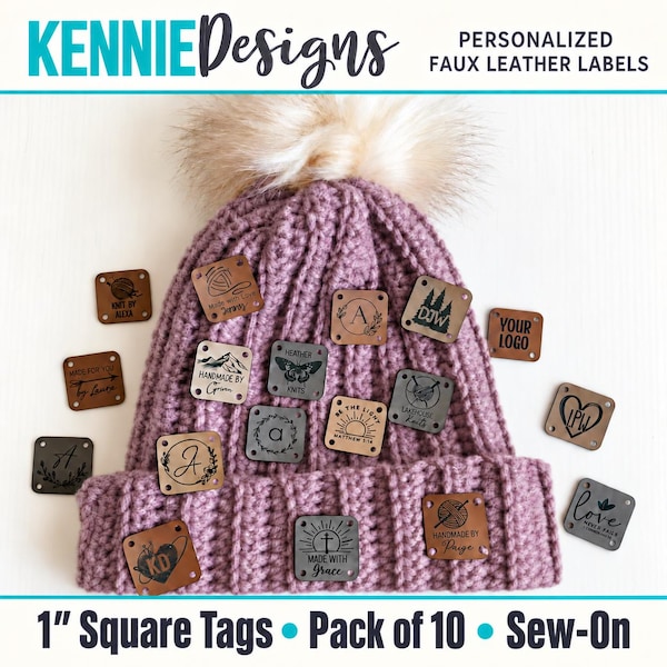 Custom Personalized faux leather labels – Square 1 inch Tags for Knitting and crochet, made by tag, your logo, handmade by