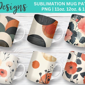Designs d'emballage de tasses à sublimation Japandi - PNG pour 11, 12 & 15 oz - dessins botaniques, géométriques, abstraits