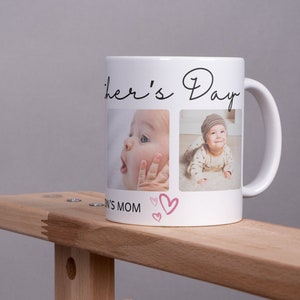 Pu&ograve; includere: Tazza in ceramica bianca con una scritta nera "Festa della Mamma" e due foto di bambini. Il testo "Mamma del mio figlio" &egrave; stampato sotto le foto. Cuori rosa sono stampati sulla tazza.