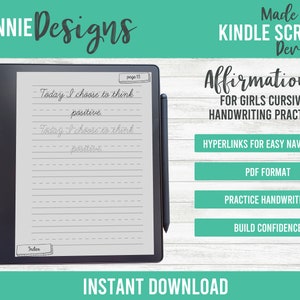 Cursive Handwriting Practice Journal for Kindle Scribe easy navigation hyperlinks, Digital Affirmations for girls tracing confidence builder