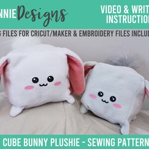 May include: A sewing pattern for a cube-shaped plush bunny toy. The pattern includes instructions for making a white bunny with pink ears and a gray bunny with gray ears. The pattern also includes SVG files for Cricut/Maker and embroidery files.