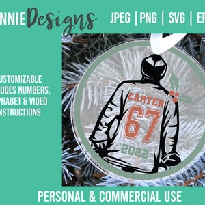 Customizable Hockey Christmas Ornament SVG cut file to make keepsake for player fan personal with team number and year puck sticks