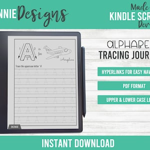 Diario de práctica de seguimiento de impresión de alfabetos de letras para Kindle Scribe, hipervínculos de navegación fáciles, aprendizaje de letras digitales para niños en edad preescolar