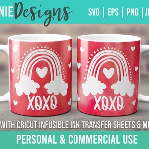 Rainbow Valentine XOXO Infusible Ink Mug Wrap SVG Template Transfer sheets and Cricut Mug Press Valentine&#39;s Day Gift Cheery Love