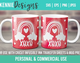 Rainbow Valentine XOXO Infusible Ink Mug Wrap SVG Template Transfer sheets and Cricut Mug Press Valentine's Day Gift Cheery Love