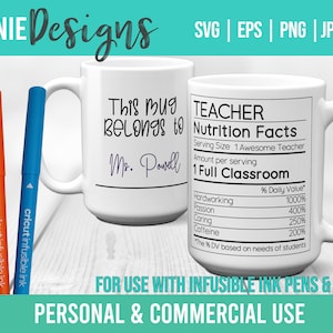 Enseignant Nutrition Facts Stylo à encre infusible et marqueur SVG Mug Wrap Template 11 à 15 oz. Dessin de contour tendance Personnaliser Cricut personnalisé