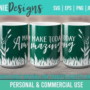May include: Three white ceramic mugs with green backgrounds and white text that reads "Make Today Amazing". The mugs are on a wooden surface.