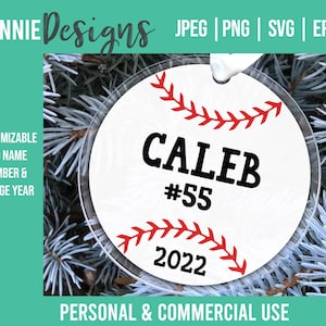 Customizable Baseball Christmas Ornament SVG cut file to make keepsake for player fan personal with baseball number and year