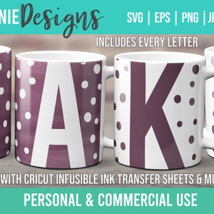 Monogram Initial Polka Dot Mug wrap template SVG voor Infusible Ink Sheets gebruik met Cricut Mug Press Full Alphabet First Letter Name Modern