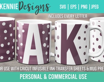 Monogram Initial Polka Dot Mug wrap template SVG for Infusible Ink Sheets use with Cricut Mug Press Full Alphabet First Letter Name Modern