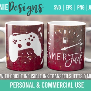 Gamer Fuel Infusible Ink Mug Wrap SVG Template Feuilles de transfert et Cricut Mug Press jeux vidéo grunge controller gaming Café Caféine