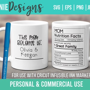 MOM Nutrition Facts Stylo à encre infusible et marqueur SVG Mug Wrap Template 11 à 15 oz. Dessin Tendance Contour Personnaliser Personnalisé Facile Maman