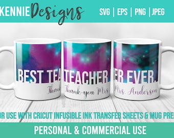 Mejor maestro de todos los tiempos Taza de tinta infusible Envoltura Plantilla SVG Hoja de transferencia Cricut Taza Personal Regalo de apreciación del maestro personalizado del estudiante
