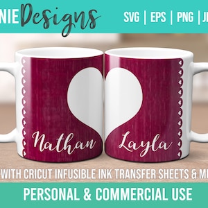 Valentinstagspaar Personalisierbare Tassenschablone SVG für infusible Tintenblätter für die Verwendung mit Cricut Tasse Press Herz Niedliche Tasse Paar Geschenk
