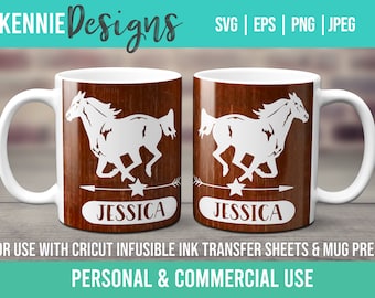 Horse and Name Infusible Ink Mug Wrap SVG Template customizable use with Infusible Ink Transfer sheets and Mug Press Personalized Majestic