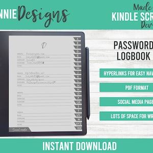 May include: A black and white digital password logbook for Kindle Scribe devices. The logbook has hyperlinks for easy navigation, a PDF format, social media pages, and lots of space for writing.