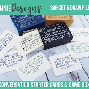 May include: A set of conversation starter cards in a black box with white text that reads "ConvoKick: Great questions for building connections - Family Edition". The cards are white with black text and feature prompts such as "Share a memorable moment from your favourite game you've played with friends." and "If you could communicate with animals, what would you ask your pets?"