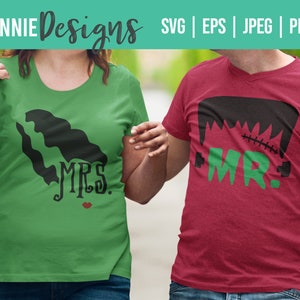 May include: A couple's matching t-shirts with a green and black Frankenstein design. The woman's shirt says "MRS." with a red lip, and the man's shirt says "MR."