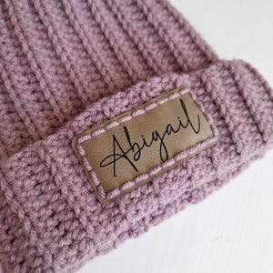Name patch for Crochet or Knit Beanie Hat, baby hats, stockings, sew in, personalized PU Leather Patch, stitch on, faux suede