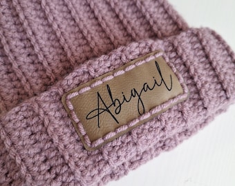 Name patch for Crochet or Knit Beanie Hat, baby hats, stockings, sew in, personalized PU Leather Patch, stitch on, faux suede