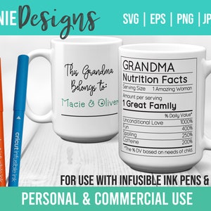 Grandma Nutrition Facts Stylo à encre infusible et marqueur SVG Mug Wrap Template 11 à 15 oz. Dessin Tendance Contour Personnaliser Personnalisé Facile