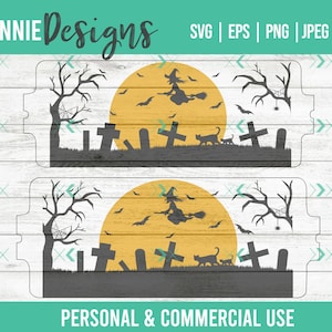 May include: A digital design featuring a witch flying on a broomstick in front of a full moon with bats flying around.  The scene is set in a graveyard with tombstones and a spider web.  The text "KENNIE Designs" appears at the top of the image.  The text "SVG | EPS | PNG | JPEG" appears at the top right of the image.  The text "PERSONAL & COMMERCIAL USE" appears at the bottom of the image.
