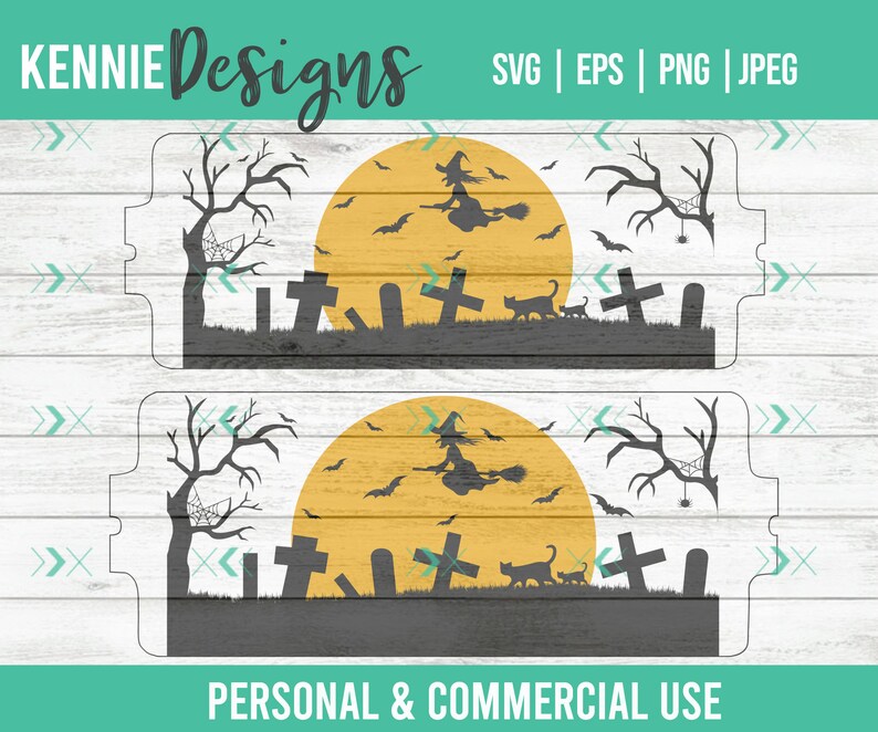 May include: A digital design featuring a witch flying on a broomstick in front of a full moon with bats flying around.  The scene is set in a graveyard with tombstones and a spider web.  The text "KENNIE Designs" appears at the top of the image.  The text "SVG | EPS | PNG | JPEG" appears at the top right of the image.  The text "PERSONAL & COMMERCIAL USE" appears at the bottom of the image.