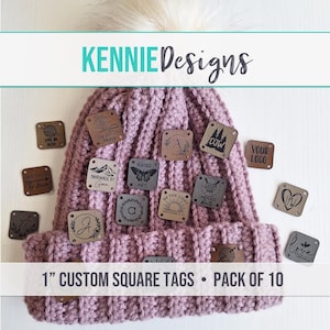 Custom Personalized Faux Leather Labels – Square 1 inch Tags for knitting and crochet, made by tag, your logo, handmade by