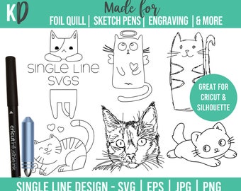 Cats Drawing Single Line SVG Design for foil quill sketch pens infusible ink marker Engraving Draw tool embossing Drawing File Cute