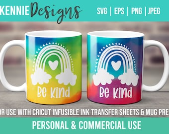 Rainbow Be Kind Boho Infusible Ink Mug Wrap SVG Template Transfer sheets and Cricut Mug Press Simple hearts cheerful