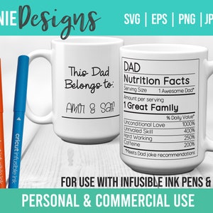 DAD Nutrition Facts Infusible Ink Pen and Marker SVG Mug Wrap Template 11 à 15 oz. Dessin Contour à la mode Personnaliser Personnalisé Easy Daddy