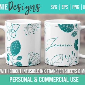 Modèle de tasse éléments floraux SVG pour feuilles d'encre infusible pour une utilisation Cricut Mug presse fleurs Nature féminine fête des mères personnaliser