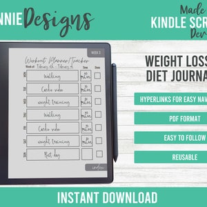 Könnte beinhalten: Ein digitales Gewichtsverlust- und Diättagebuch, das auf einem Kindle Scribe-Gerät angezeigt wird. Das Tagebuch enthält einen Trainingsplaner und -tracker mit Abschnitten für tägliche Aktivitäten und Zeitverfolgung. Der Text "Weight Loss/Diet Journal" ist sichtbar.