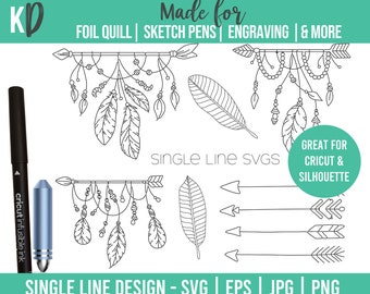 Boho Arrows Feathers Drawing Single Line SVG Design for foil quill sketch pens infusible ink marker Engraving Draw tool embossing lines