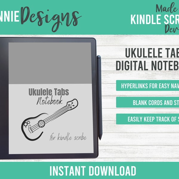 Ukulele tablature notebook for Kindle Scribe digital tabs, easy navigation through hyperlinks, PDF template simple design reusable