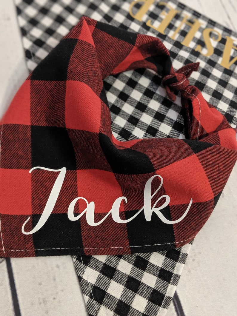 Dog Mom or Dad gift Personalized Dog Bandana Black and Red Buffalo Plaid with Pet/'s Name Tie up version Pet Mum