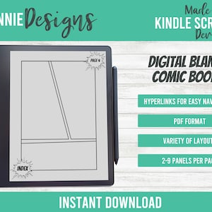May include: A digital comic book template for Kindle Scribe devices. The image shows a Kindle Scribe displaying a blank comic book page with a 2-panel layout. The template includes hyperlinks for easy navigation and a variety of layouts with 2-9 panels per page.