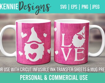 Valentine Gnome Mug template SVG for Infusible Ink Sheets for use with Cricut Mug Press Hearts Valentine Gnome Love Cute