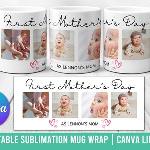 Pu&ograve; includere: Tazza in ceramica bianca con un design di sublimazione che presenta quattro foto di un bambino e il testo "First Mother's Day".