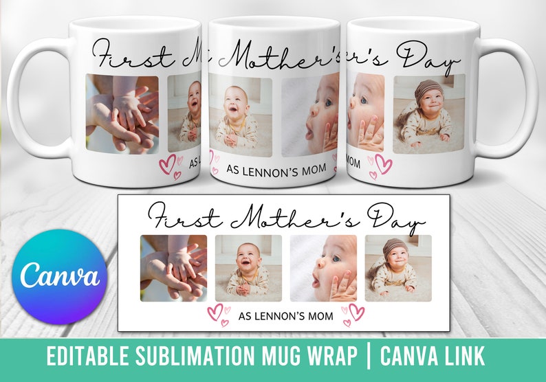 Pu&ograve; includere: Tazza in ceramica bianca con un design di sublimazione che presenta quattro foto di un bambino e il testo "First Mother's Day".