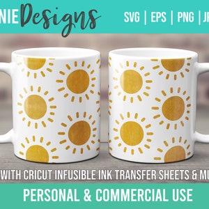 May include: Two white mugs with a pattern of yellow suns on a white background. The mugs are for use with Cricut Infusible Ink Transfer Sheets & Mug Press. The text "KENNIE Designs" is at the top of the image. The text "SVG | EPS | PNG | JPEG" is at the top right of the image. The text "FOR USE WITH CRICUT INFUSIBLE INK TRANSFER SHEETS & MUG PRESS" is at the bottom of the image. The text "PERSONAL & COMMERCIAL USE" is at the bottom of the image.