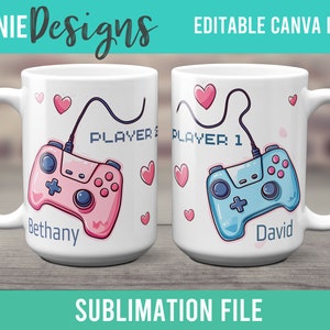 Envoltura de taza de juego para parejas - Plantillas de sublimación de videojuegos de San Valentín - Editable en Canva - Envoltura de taza PNG de 11 12 15 Oz - Regalo de jugador romántico