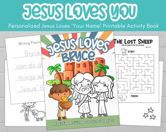 Gepersonaliseerd christelijk activiteitenboek voor kinderen | Jezus houdt van de naam van je kind | Bijbelkleuren, tekenen en doolhoven | Afdrukbaar | Aangepaste naam: