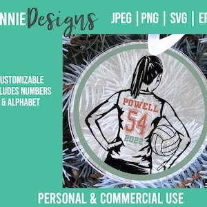Ornement de Noël de volley-ball personnalisable Fichier coupé SVG pour faire un souvenir pour le fan du joueur personnel avec le numéro d’équipe et l’année femme fille