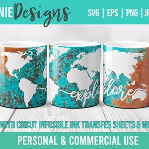 World Map Travel Explore Mug Wrap SVG Vorlage für Infusible Tintenblätter für die Verwendung mit Cricut Mug Press Abenteuer weltreise