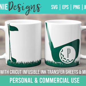 Plantilla de taza de golf SVG para hojas de tinta infusibles uso con Cricut Mug Press Golfing Golfer Monogram Nombre personal personalizado