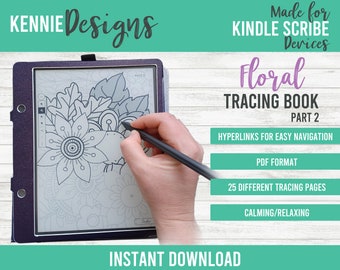 Tracing Doodle Fancy Flowers pages for Kindle Scribe Book 2, navigation hyperlinks, PDF template stylus, floral designs for drawing